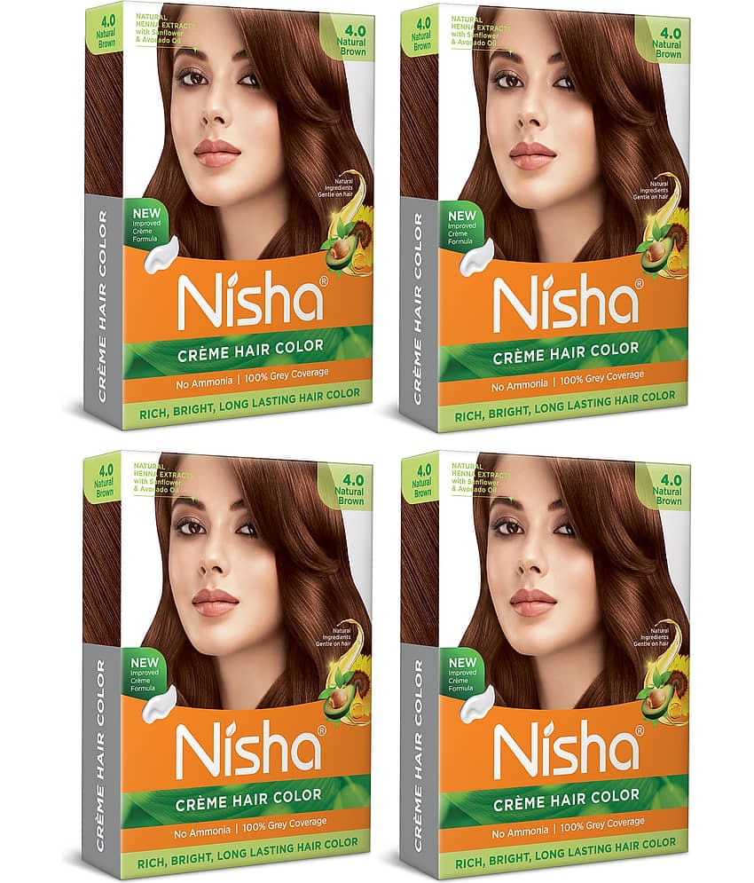 Nisha Creme Hair Color Natural Brown 40gm Pack of 4, Permanent Hair Color for Women Men, No Ammonia, 100% Grey Coverage