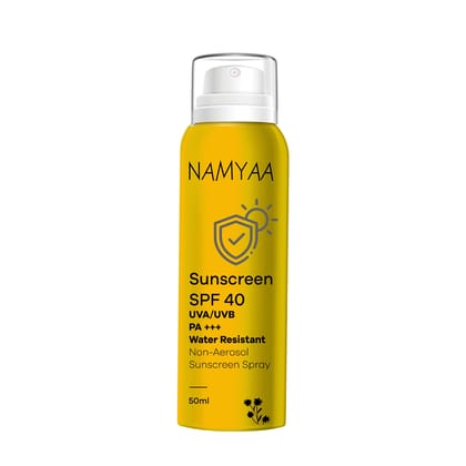 Namyaa Sunscreen Spray SPF40 For Sun Protection Against UVA/UVB With PA+++ (50ml) , Water Resistant & Non-Aerosol Sunscreen Spray Long-lasting Protection for All Skin Types,  No White Cast, Light Weight & Invisible - Pack of 1