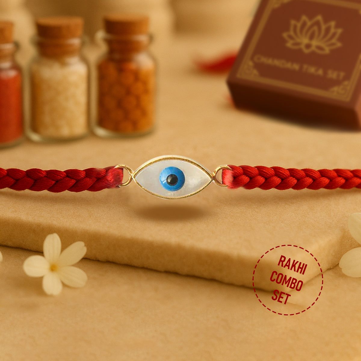 92.5 Silver Evil Eye Rakhi with Chandan Tilak Set