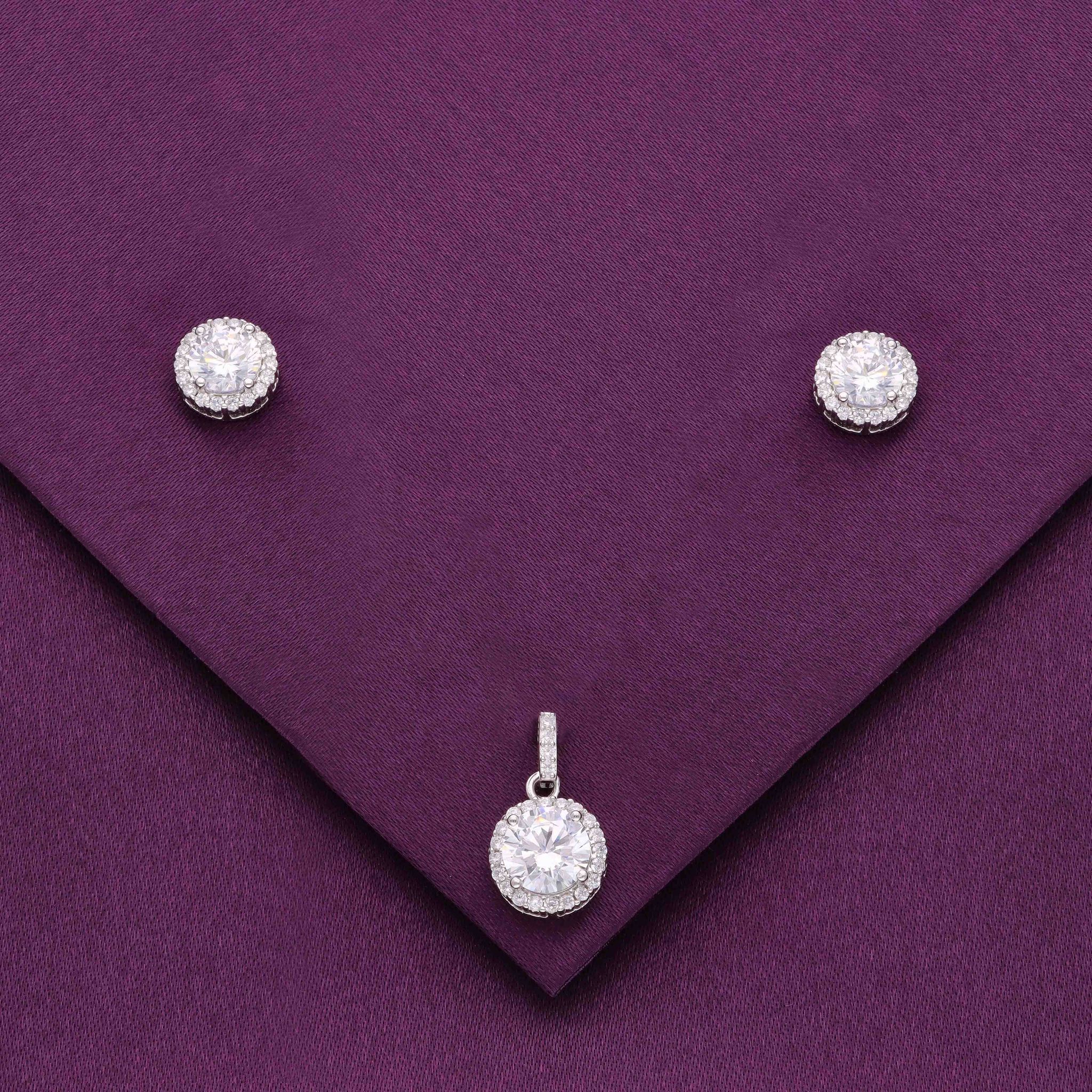 Sterling Classic Solitaire pendant With Earrings Set-White Stone / Silver