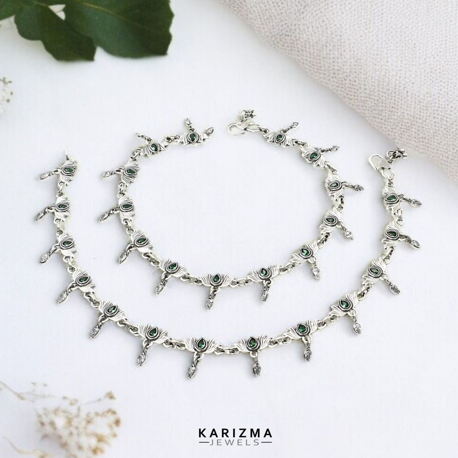 925 Sterling Silver Women Green White CZ Elegant Oxidised Lotus Anklets Pair 10"