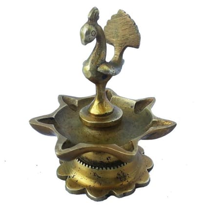 Brass Peacock Diya Jyoti Deepak Oil Lamp 7 Wicks  - Large Brass Oil Lamp for Aarti & Temple, Height : 3.5 Inch (BSMAS1165 A)