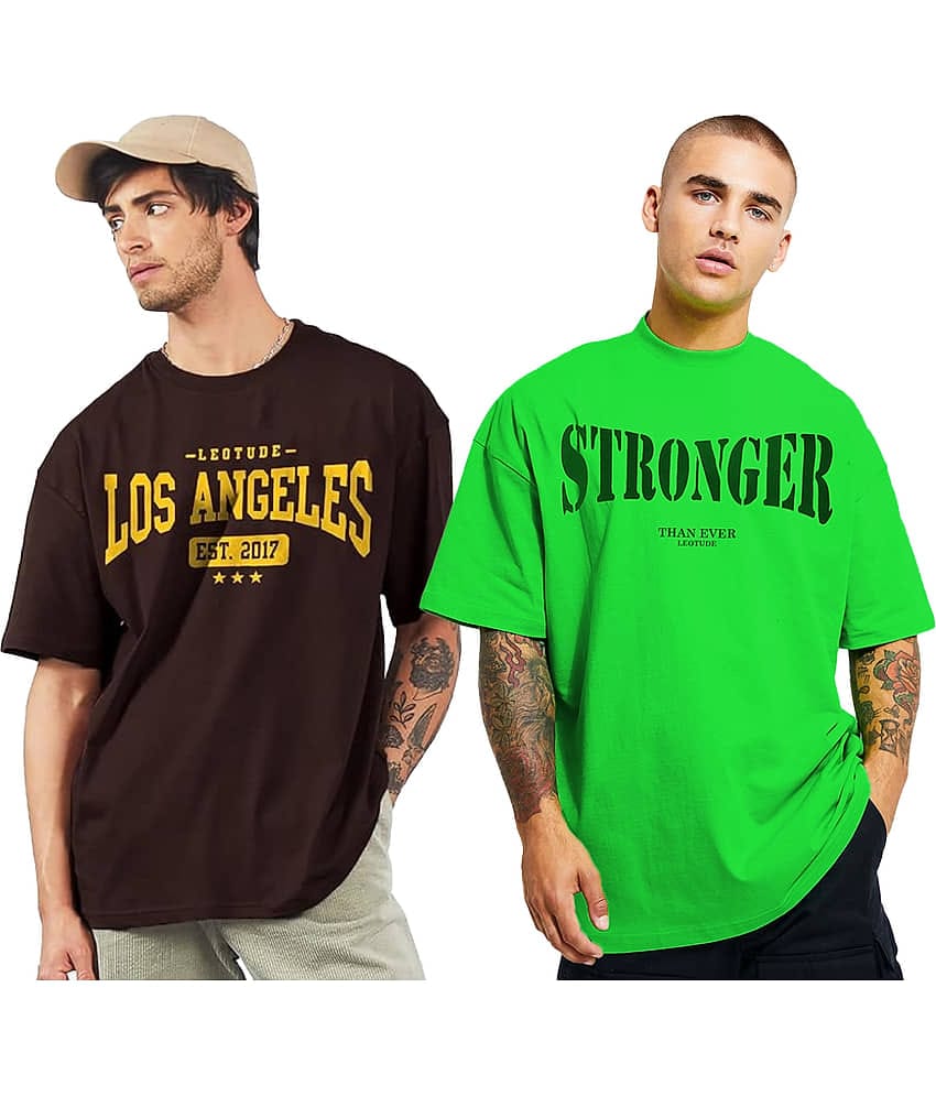 Leotude Pack of 2 Cotton Blend Oversized Fit Men's T-Shirt ( Brown )
