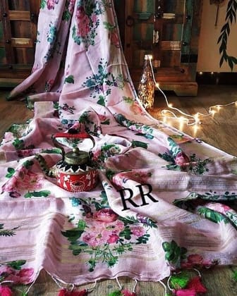 FLOWER DESIGN LINEN DIGITAL PRINTED SAREE  1559