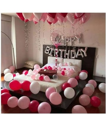 Party plan Happy Birthday Letter Foil Balloon Silver + 50 HD Metallic Balloons ( Pink, White and Red)