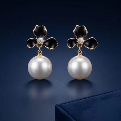 Elegant Floral Pearl Drop Earrings Glossy Black Petal Party Wear for Women & Girls