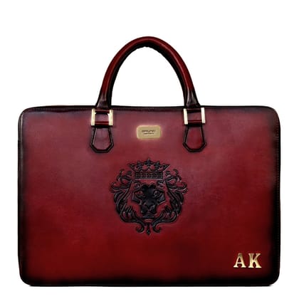 Personalized Name Initial Wine Leather Embossed Lion Laptop Office Briefcase With Extra Compartment by Brune & Bareskin-FS