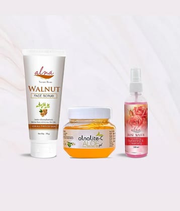 Alna Walnut Face Scrub 75gm with Alnalite-C Aloe Gel 100gm & Rose Water 100ml , Pack of 3
