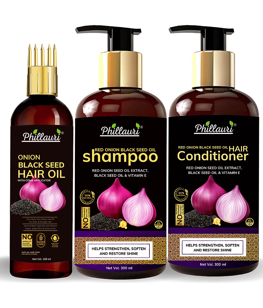 Phillauri Red Onion Black Seed Oil Ultimate Hair Care Kit for Hair Fall Control(Shampoo (300 ML) + Hair Conditioner (300 ML) + Hair Oil (100 ML))