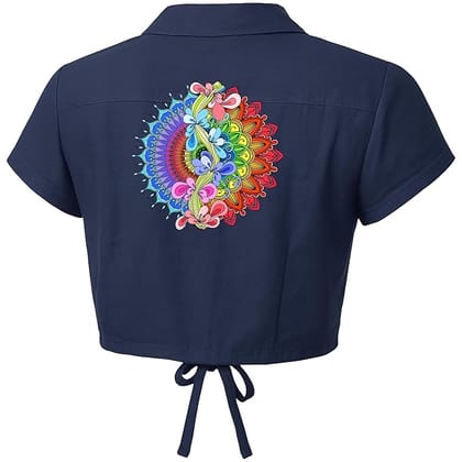 EqualLife Crop Top Shirt for Women-with Tie-Up Front, Button Down-Rainbow Mandala Back Print-EQCT900114