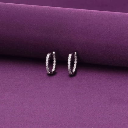 Sterling Oval Shaped Silver Hoops Earrings-White Stone / Silver