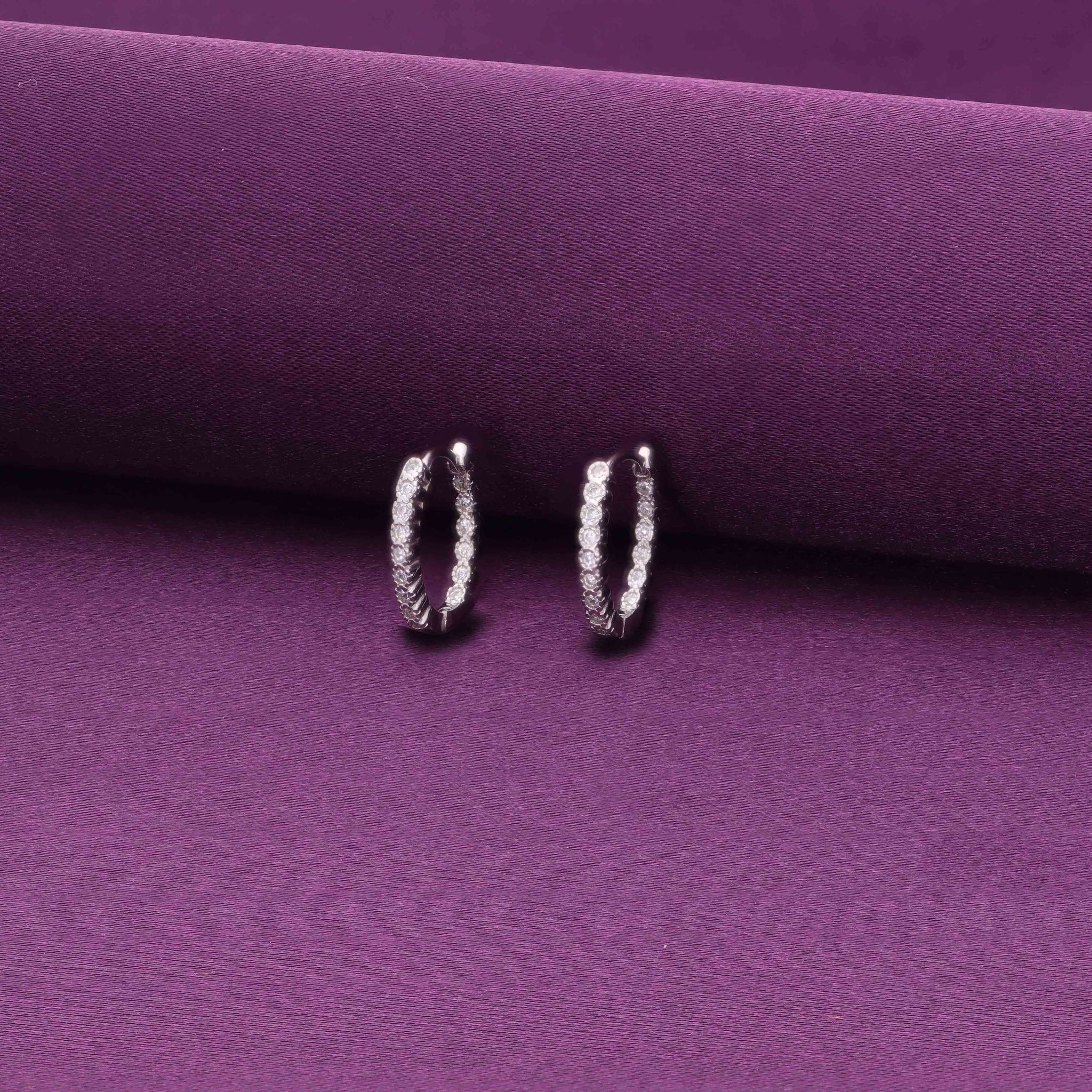 Sterling Oval Shaped Silver Hoops Earrings-White Stone / Silver