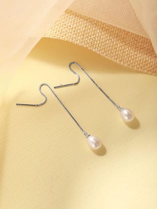 925 Sterling Silver Zircon Studded Freshwater Pearls Sui Dhaga  Threader Dangle Earrings