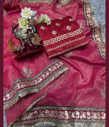 A TO Z CART Net Embellished Saree With Unstitched Blouse Piece ( Red )