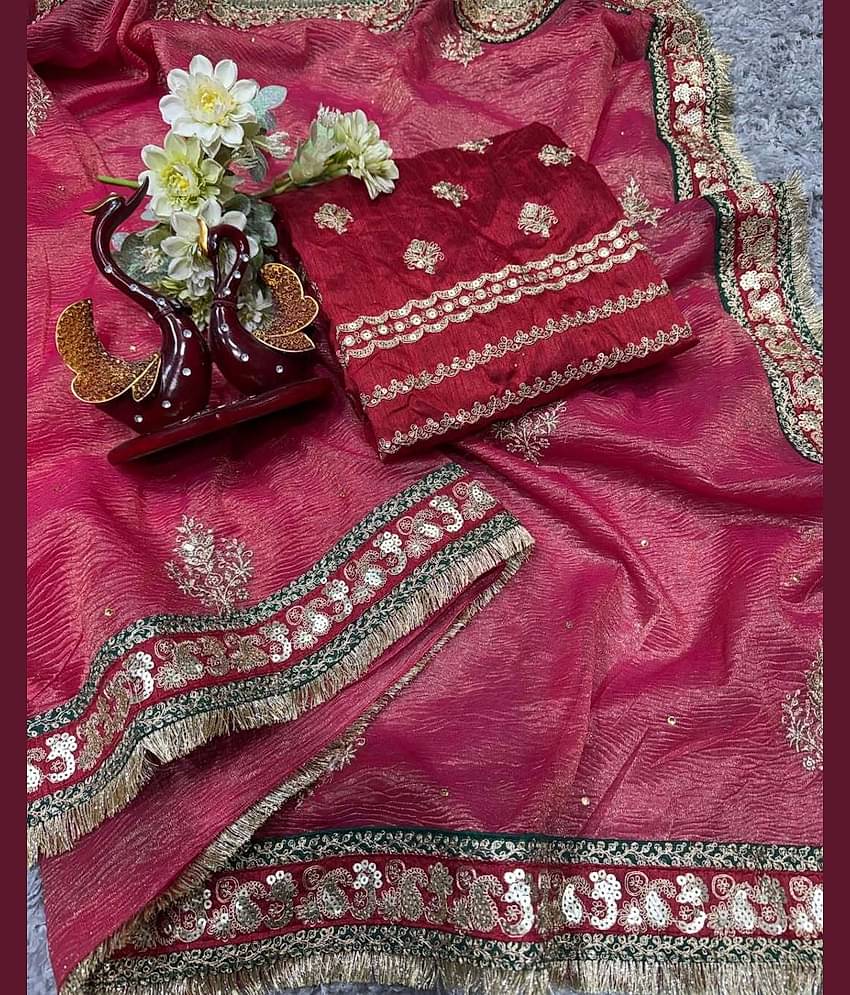 A TO Z CART Net Embellished Saree With Unstitched Blouse Piece ( Red )