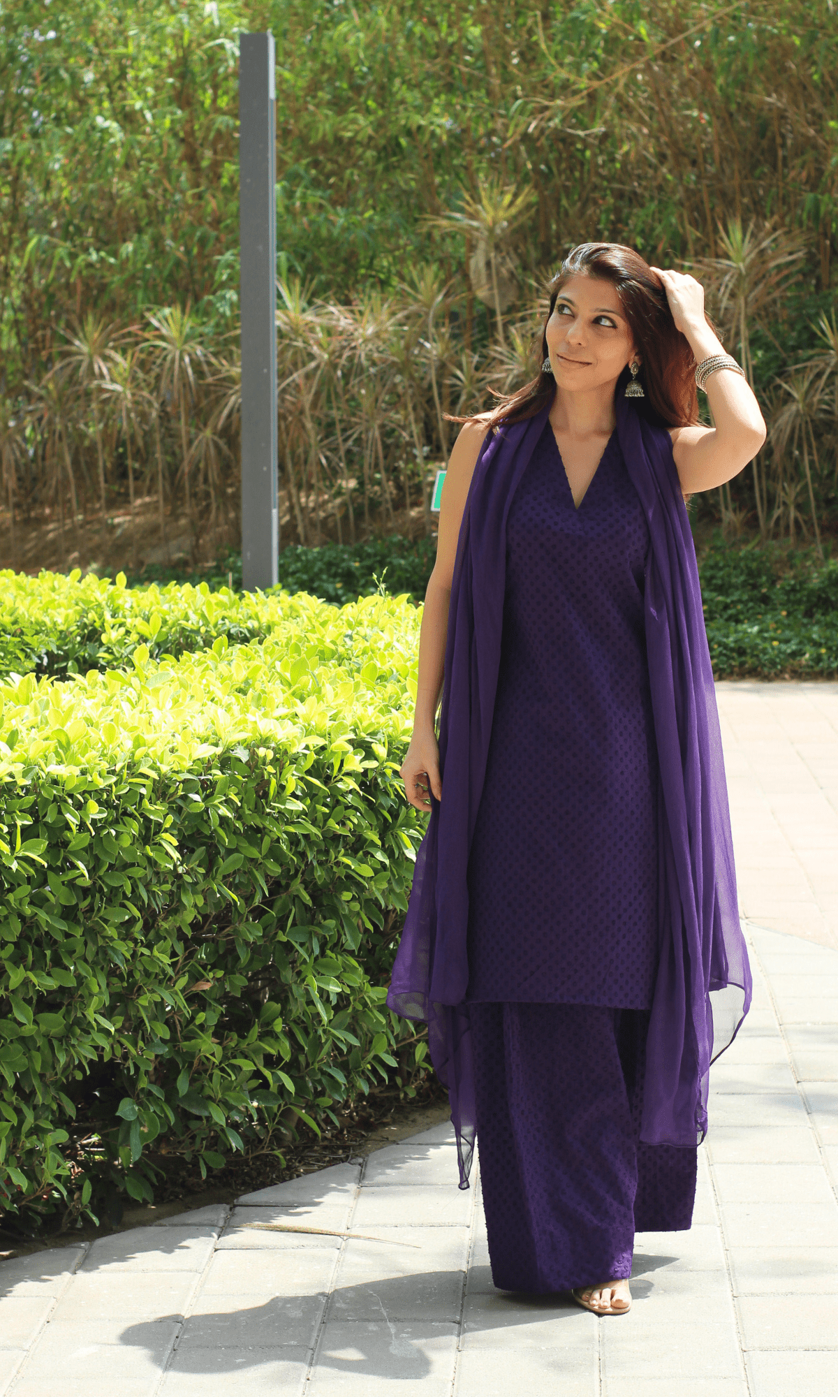 Cotton Slub Dobby Purple Sleeveless Short Kurta with Farshi Salwar & Chiffon Dupatta-XL