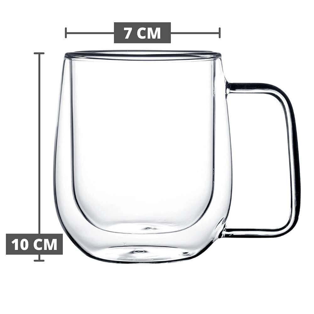 Femora Double Wall Crystal Glass Tea Cup Coffee Mug - 290 ML, Set of 2