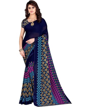 LEELAVATI Georgette Printed Saree With Unstitched Blouse Piece ( Navy Blue )