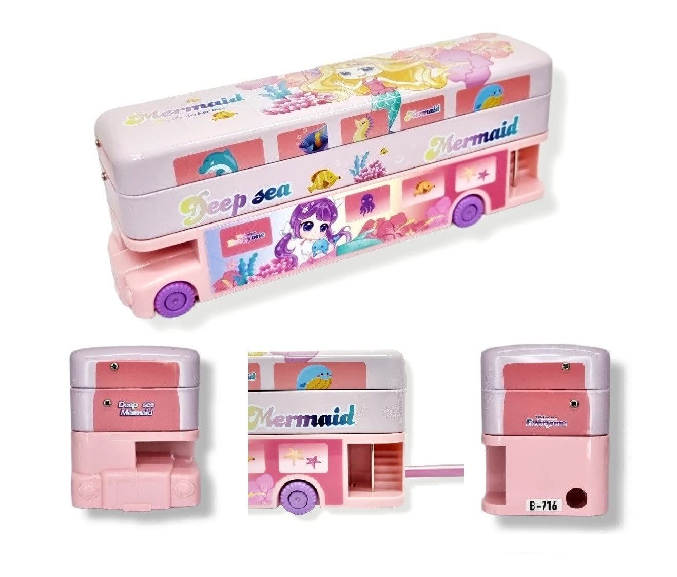 Bus Pencil Box for Kids with Moving Tyre's & Sharpener Geometry Case for Boys & Girls-Mermaid