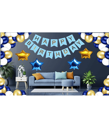 Jolly Party  Happy Birthday Decoration Items  Blue HBD Banner+ 30 HD Metallic Royal Blue , Gold & White Balloons Decoration +  (2 Gold Star & 2 Royal Blue) Star