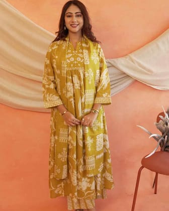 NATIVE CRAFTSWomen's Cotton Printed Anarkali Kurti with Pant and Dupatta Set