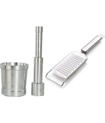 Analog Kitchenware Silver Stainless Steel Cheese/Garlic Grater+Mortal & Pestal/Khalbatta ( Set of 2 )
