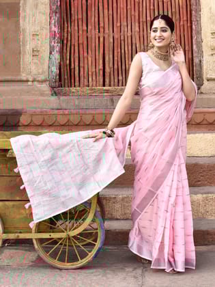 Light Pink Pure Linen Ikkat Butti Weaving Saree