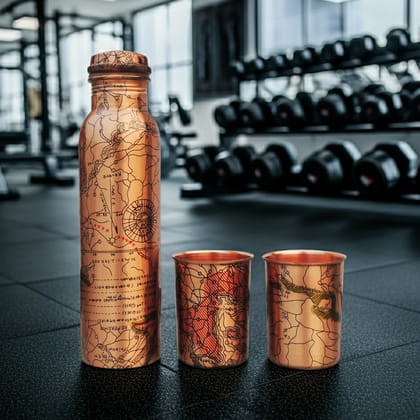 Copper Water Bottle Set with 2 Glasses | 900 ML Ayurvedic Gift Set , Height : 11 Inch (BCMAS143 D)