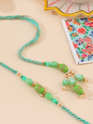 NVR Set of 2 Green Artificial Beads Bhaiya Bhabhi Rakhi with Roli Chawal Chandan & Mishri-One Size / Green