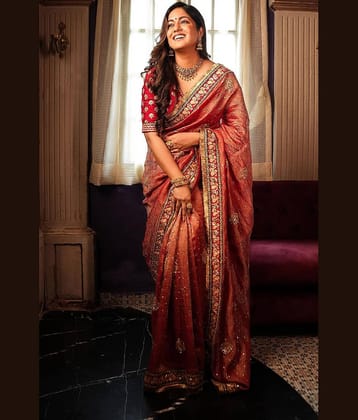 A TO Z CART Net Embellished Saree Without Blouse Piece ( Red )