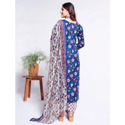 womens cotton blend printed kurti with pant dupatta set blue pid63049