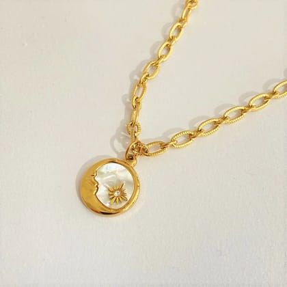 Moon Star Mother Of Pearl White 18K Gold Stainless Steel Anti Tarnish Necklace For Women-Moon Star