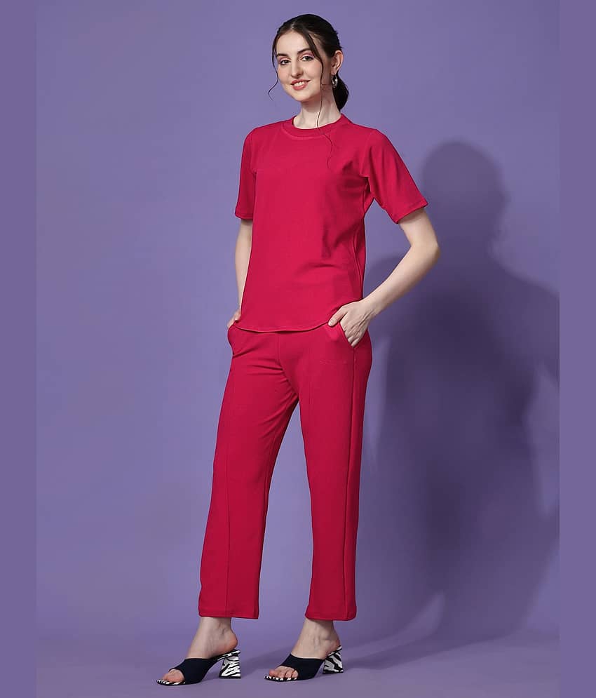 Sheetal associates Women Solid T-Shirt With Trousers Co-Ord Set ( Pink )