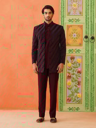 Maroon Navy Velvet Open IndoWestern Set-XS/36 / Indo Pant Pajama Set