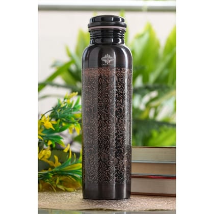 Indian Art Villa Pure Copper Bottle With Embossed Design, Leak Proof, Ayurveda And Yoga Health Benefits-BlackEmbossed