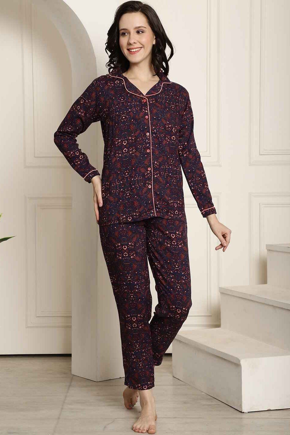 Blue Color Floral Printed Cotton Nightsuit For-m