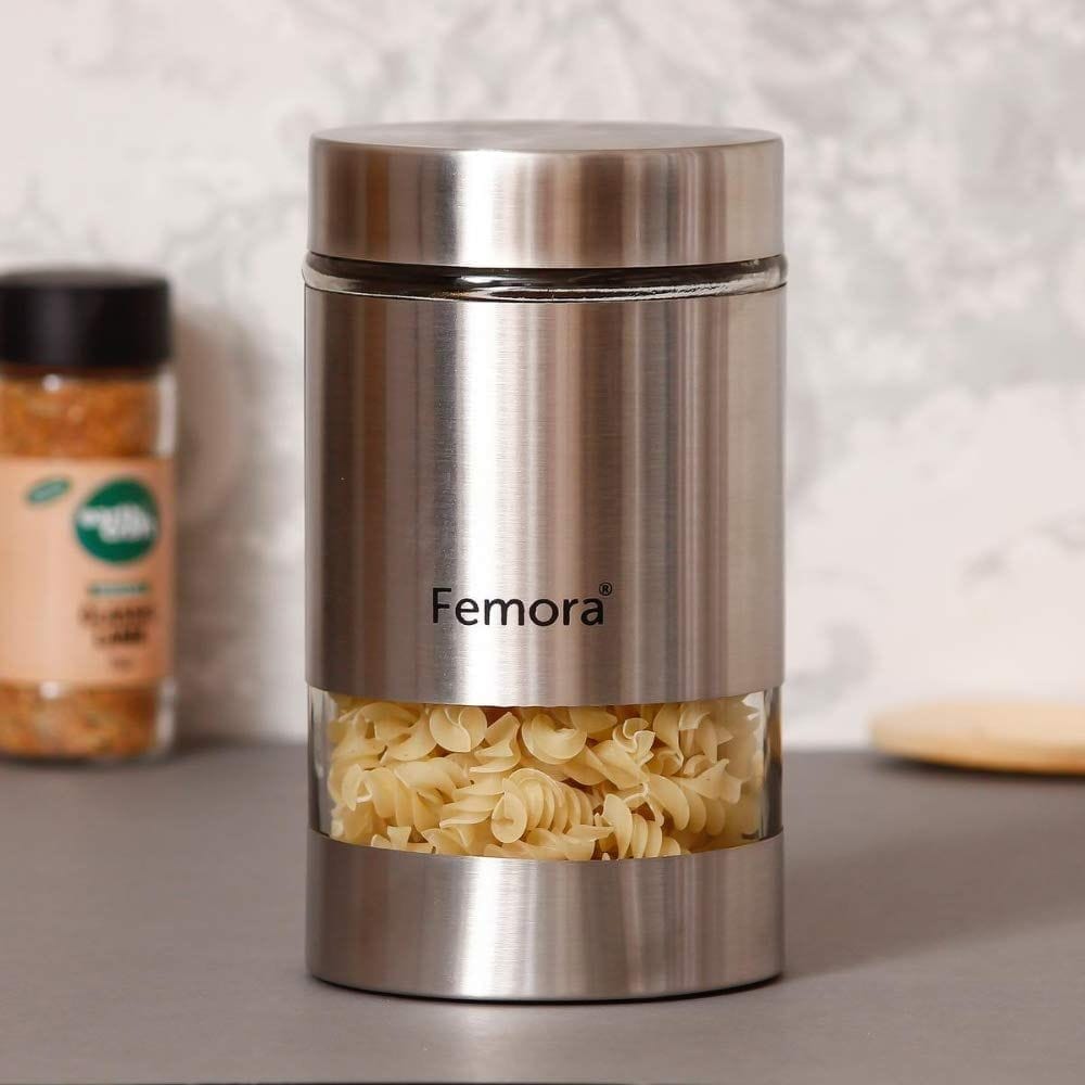 Femora Metallic Clear Glass Kitchen Storage Jars, 1000 ml, Set of 2, Free Replacement of Lids