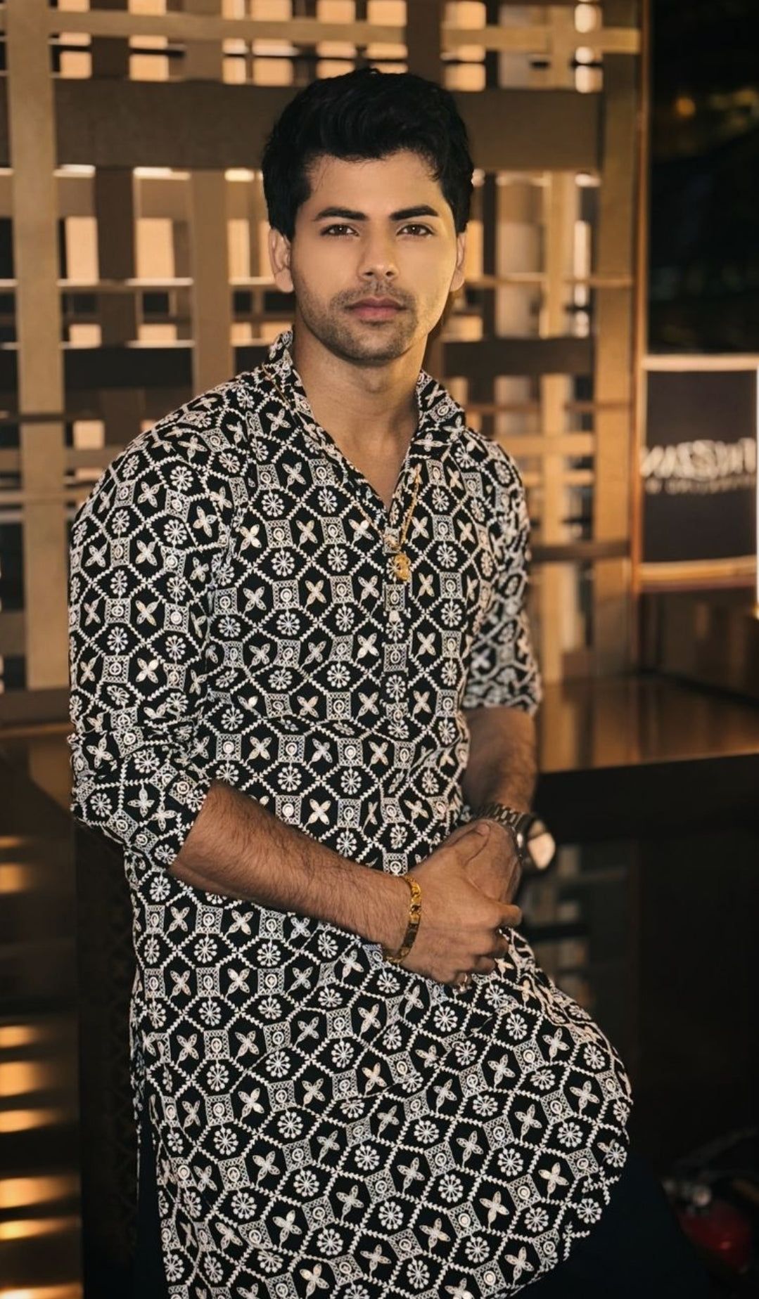 Siddharth Nigam in Men's Cotton Embroidered Gold sequinned Black Kurta-36