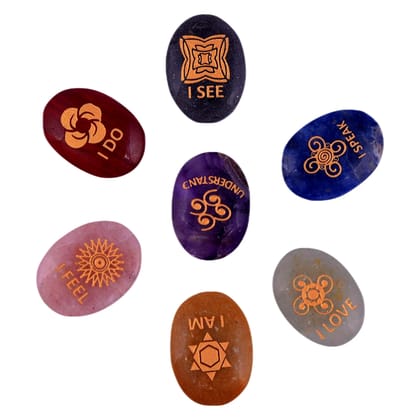 Seven Chakra Affirmation Healing Crystal English Symbol Witches Rune 7 Set Oval Chakra Stones(KI_10)  by Krishna Impex