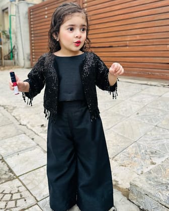 Trending Banglori Silk Fabric Embroidery Work Kurta Plazo Set With Jacket-Black / 0-6 Month