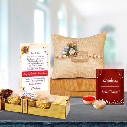 Designer Pubg Wala Bhai Rakhi with Ferrero Rocher (4 pcs) and Roli Chawal Pack, Best Wishes Greeting Card
