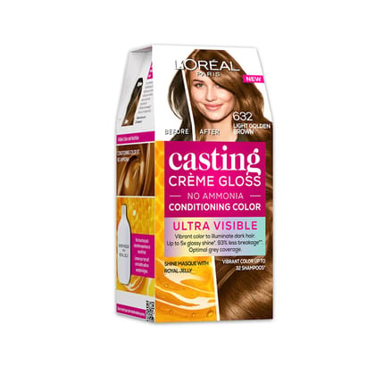 L'Oréal Paris Casting Crème Gloss Hair Color With Glycolic Gloss Complex | 5X Glossier Hair Color | Ultra Visible Shade 632 - Light Golden Brown | 60g + 40ml + 60g L'Oréal Paris Casting Crème Gloss Hair Color With Glycolic Gloss Complex | 5X Glossier Hai