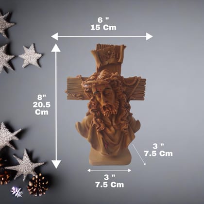 AMS Jesus Christ Idol with Cross | Resin Statue of Lord Jesus with Crown of Thorns & INRI Sign � Antique Brown Finish | Christian Showpiece for Home Altar, Prayer Room & Gifting � 8 Inch