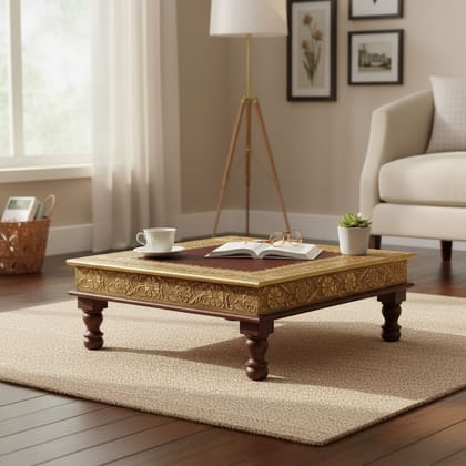 Wonderful Wooden Brass Table | Brown Natural Indian Side Chowki Table Wonderful Wooden Brass Table | Brown Natural Indian Side Chowki Table