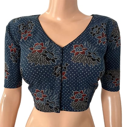 Ajrakh Cotton  V neck Blouse,   Indigo blue,  BA1139-S