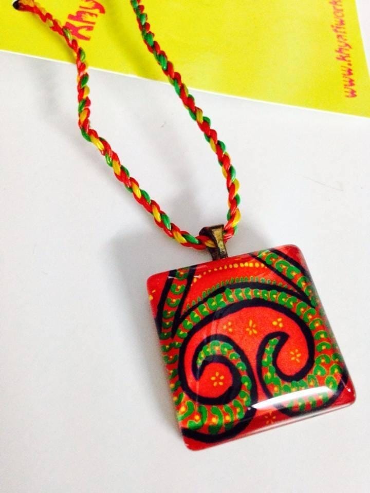 Fuschia-Magic Domed Square Glass Pendant with a Sunshine reverse