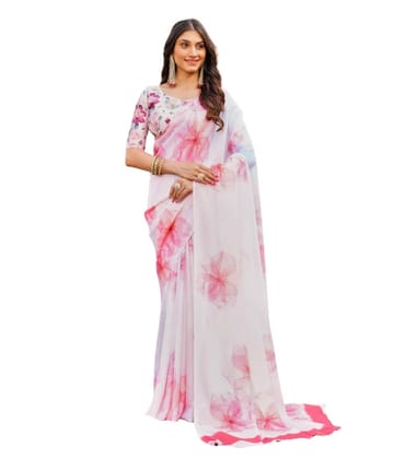 Generic Women's Georgette Floral Printed Saree with Unstitched Blouse Piece, Soft Lightweight 5.5 m Sari for Daily, Office and Wear (Off White-Pink, Design 67625)