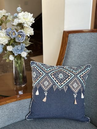 KRI India Blue Geometric Cross Tassel Cushion Covers|16x16 inches | Denim Blue  | Wash & Care | 100% Cotton | Handcrafted in India. 100% organic & natural.