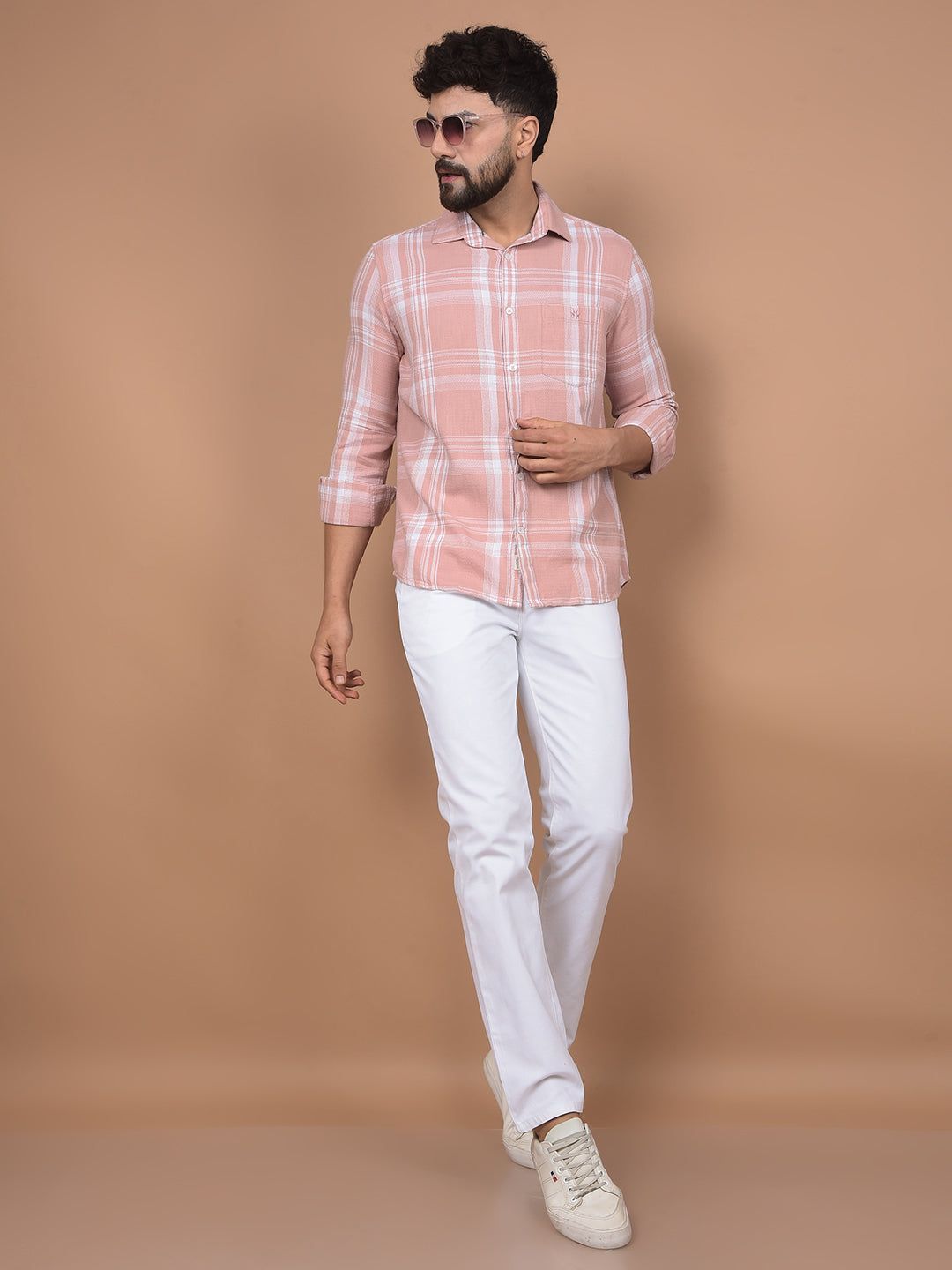 Pink Checked 100% Cotton Shirt-L / Pink