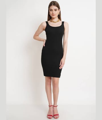 POPWINGS Women Polyester Solid Bodycon Dress ( Black )